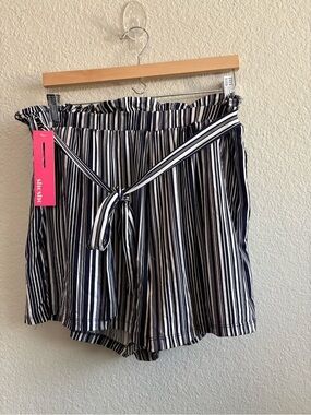 shosho Navy and White Striped High-Waist Paperbag Shorts with Tie